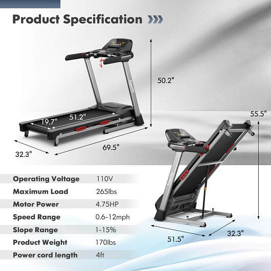 4.75 HP Folding Treadmill with Auto Incline and 20 Preset Programs - Black - BIT OF TOUCH
