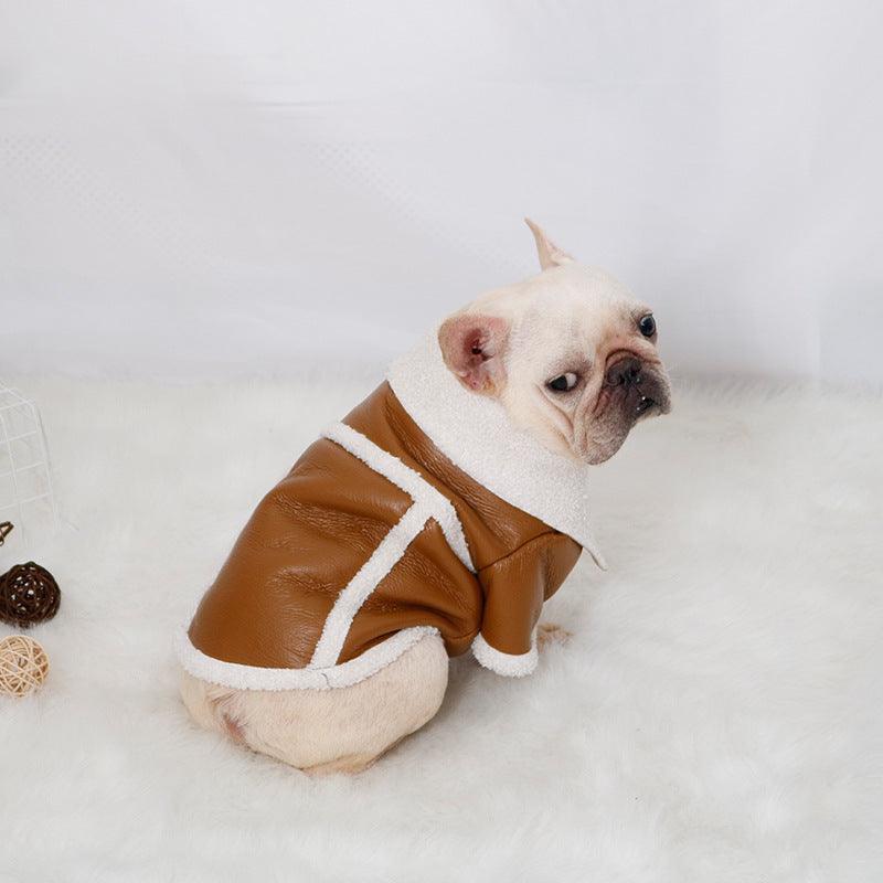 Plush Zipper Warm Faux Leather Dog Jacket - BIT OF TOUCH