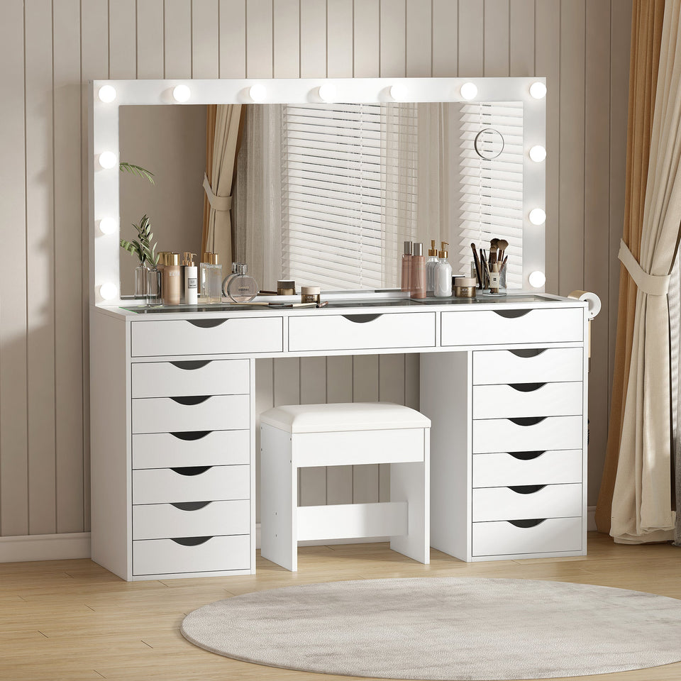 Yanosaku VD008 Bedroom Makeup Vanity desk with LED Mirro, 15 Drawers - BIT OF TOUCH