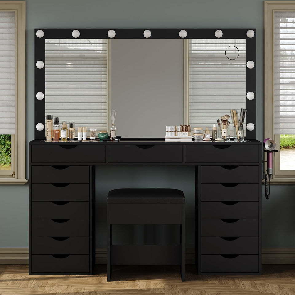 Yanosaku VD008 Bedroom Makeup Vanity desk with LED Mirro, 15 Drawers - BIT OF TOUCH