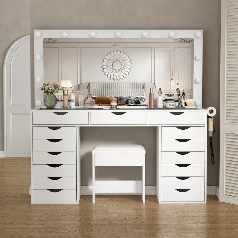 Yanosaku VD008 Bedroom Makeup Vanity desk with LED Mirro, 15 Drawers - BIT OF TOUCH