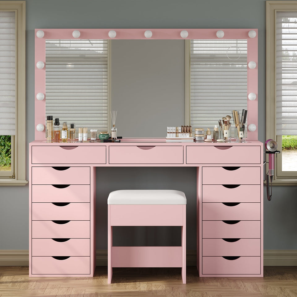 Yanosaku VD008 Bedroom Makeup Vanity desk with LED Mirro, 15 Drawers - BIT OF TOUCH