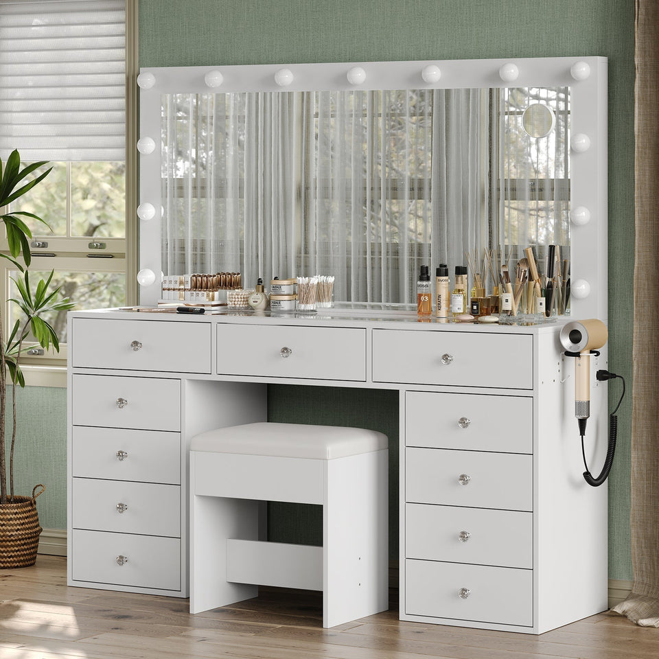 Yanosaku VD015 Bedroom Makeup Vanity desk with LED Mirror, 11 Drawers - BIT OF TOUCH