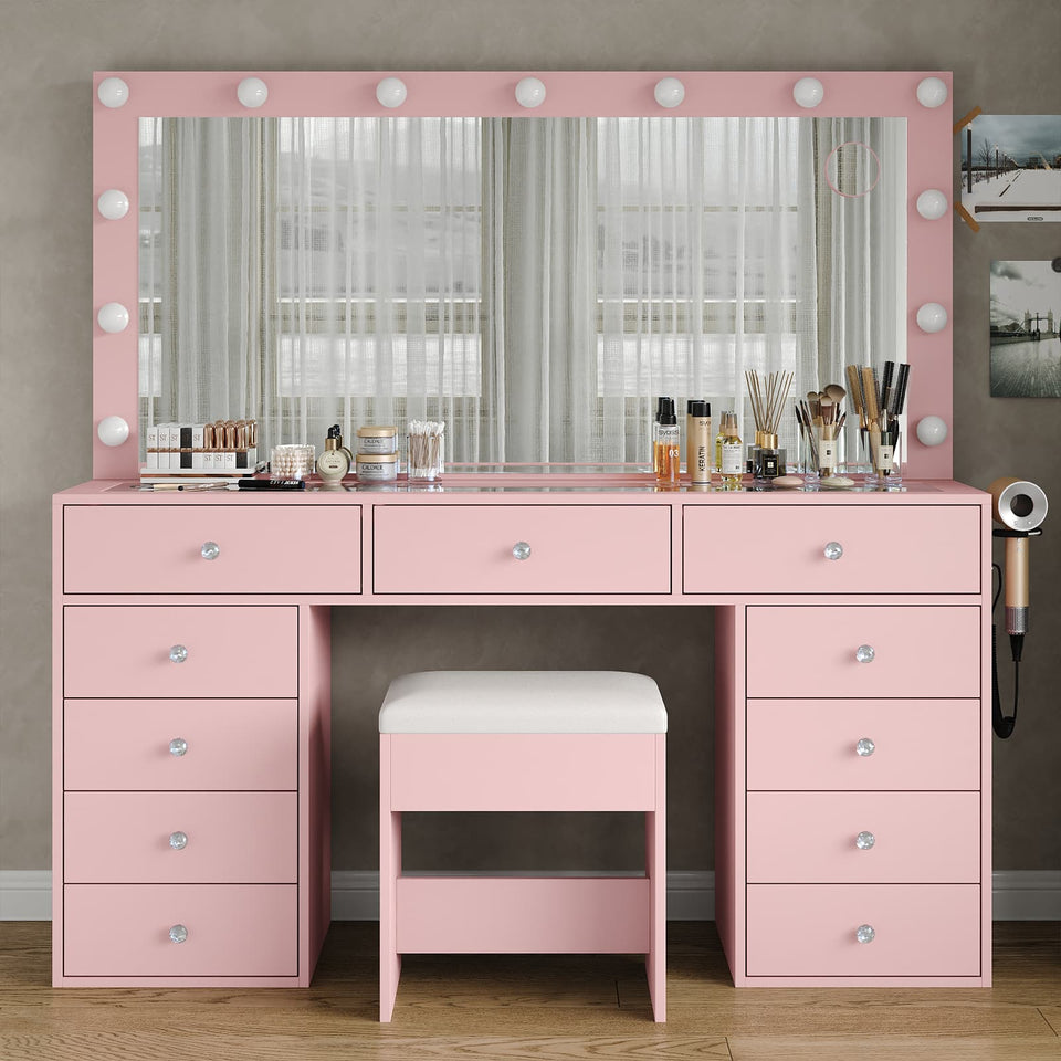 Yanosaku VD015 Bedroom Makeup Vanity desk with LED Mirror, 11 Drawers - BIT OF TOUCH
